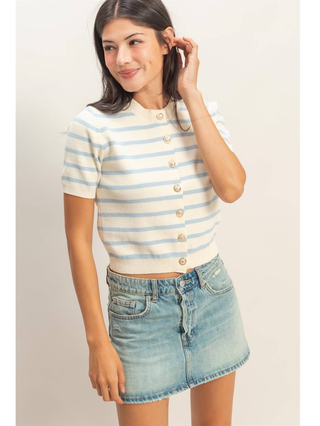 Striped Short Sleeve Button Up Cardigan