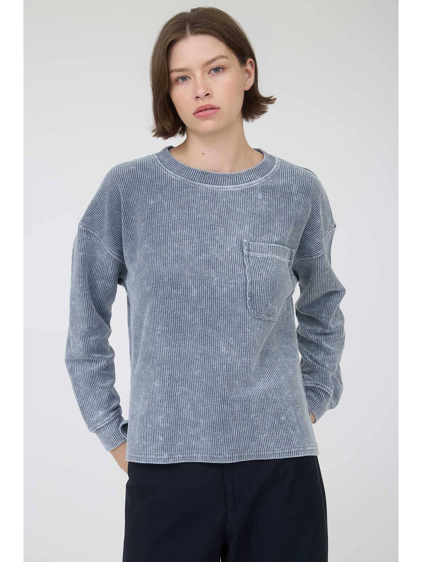 Washed Pocket Detail Long Sleeve Rib Knit Top