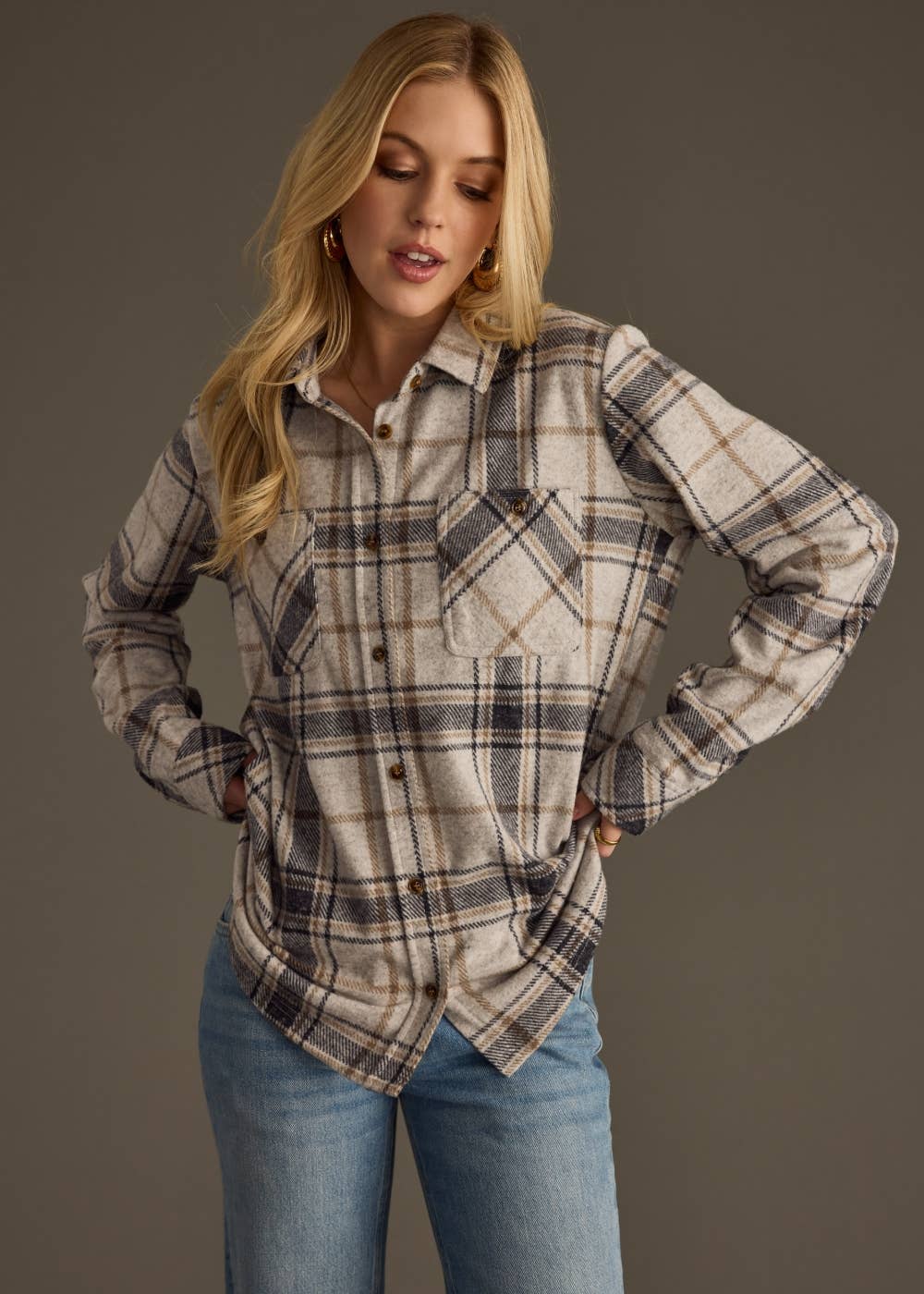 Black, Lt. Gray & Brown Plaid Button Up