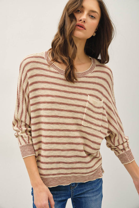 WAFFLE KNIT DOLMAN SLEEVE SWEATER: MARSALA