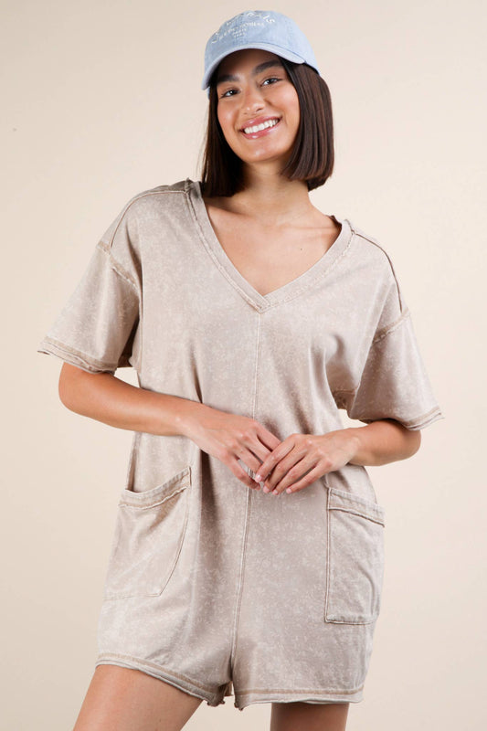 Mineral Washed Oversized Casual Knit Romper: TAUPE