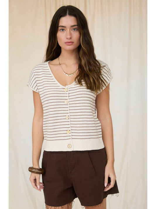 Stripe Scoop Neck Raw Edge Short Sleeve Cardigan