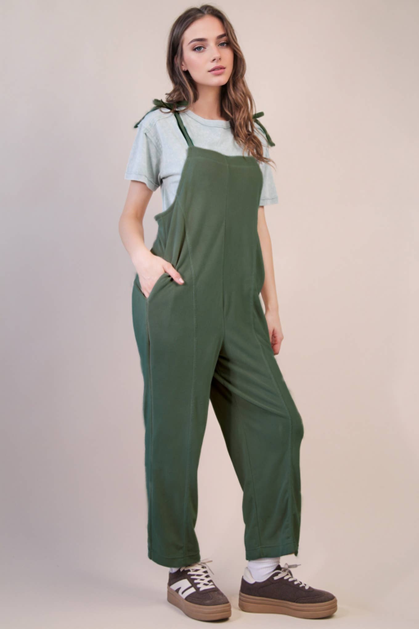PLUS SIZE Fleece Baggy Backless Casual Jumpsuit: FOREST
