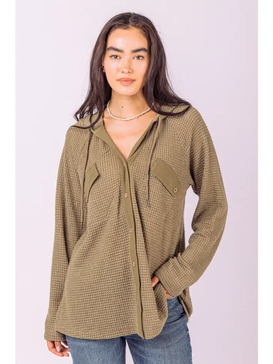 Curvy Hooded Waffle Button Up Knit Top