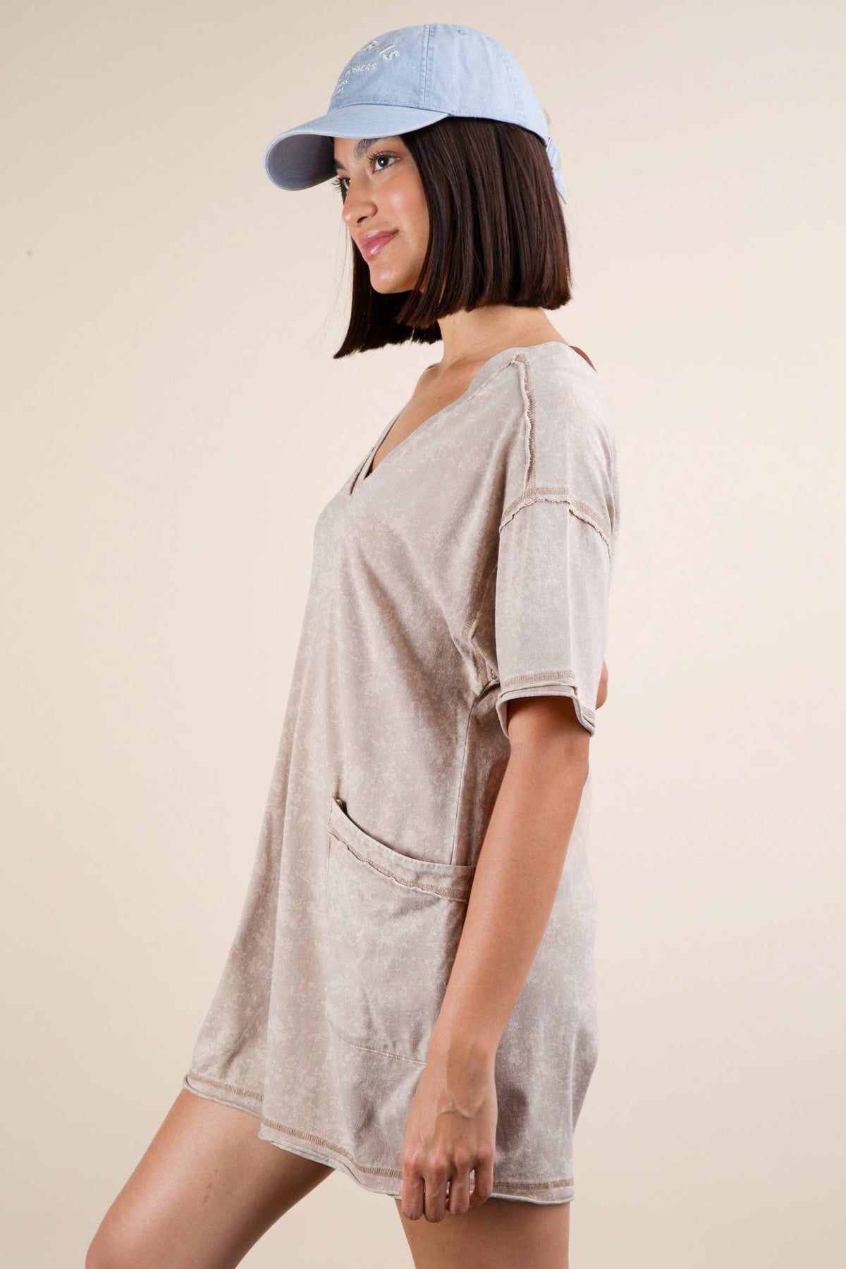 Mineral Washed Oversized Casual Knit Romper: TAUPE