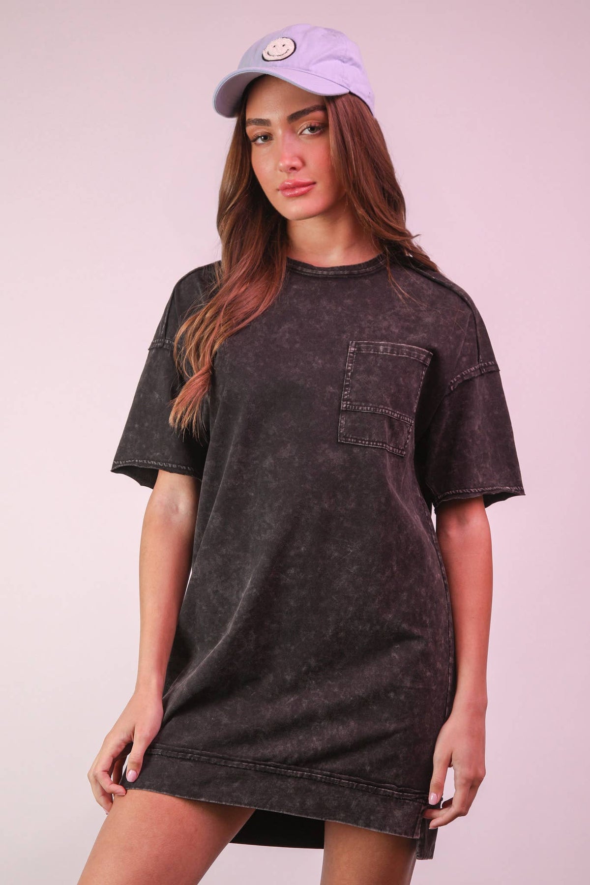 Mineral Washed Knit Oversized Shift Mini Dress: BLACK