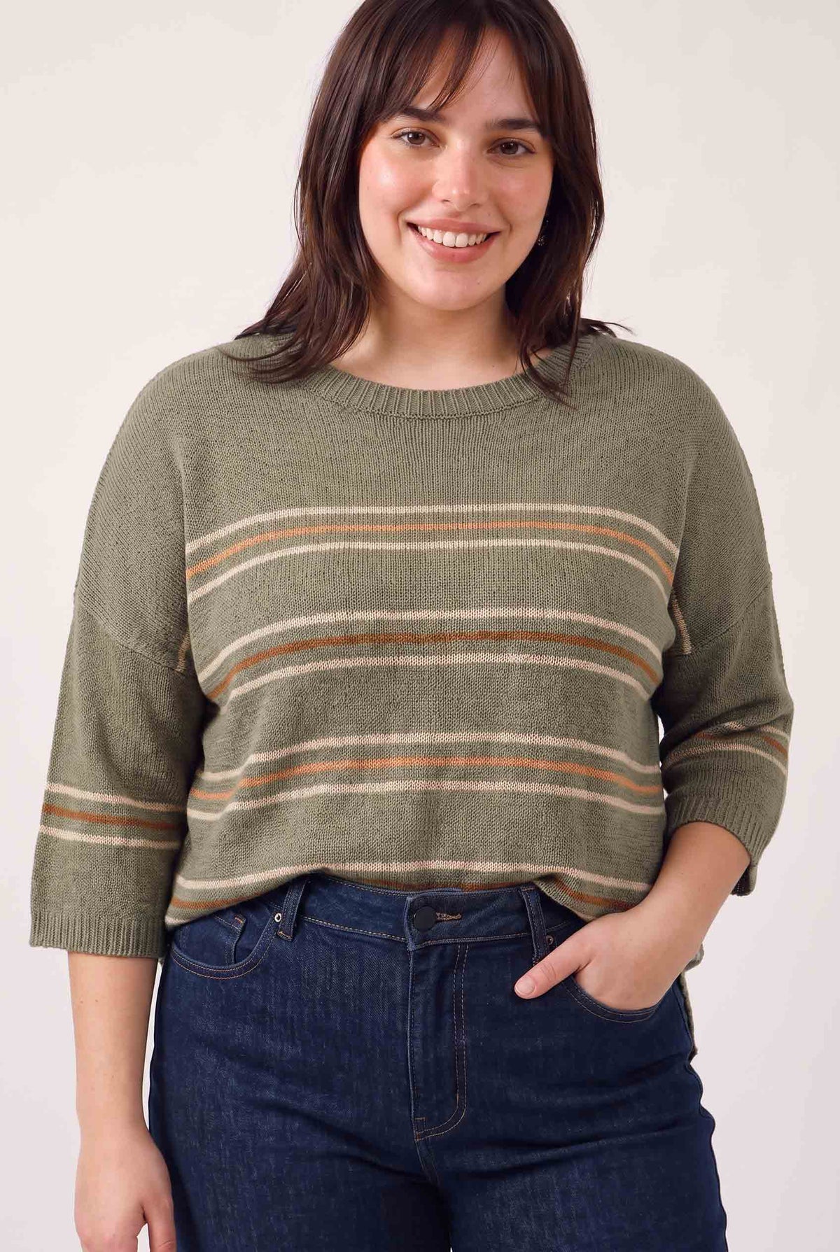 [Plus] Over Sized Drop Shoulder Striped Sweater
