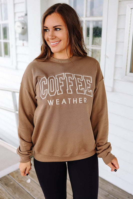Embroidered Coffee Weather Graphic Sweatshirt Vintage Brown