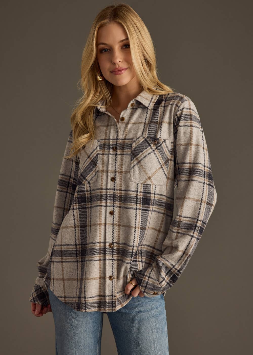 Black, Lt. Gray & Brown Plaid Button Up