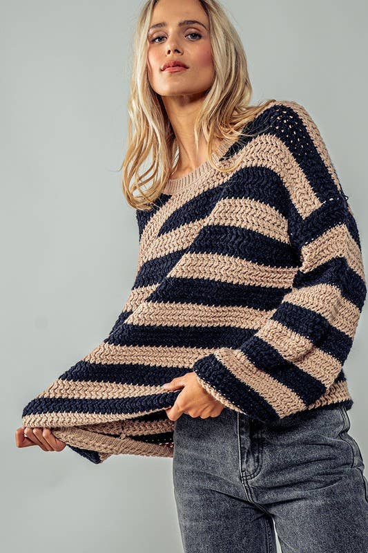 Striped Interlaced Sweater : TAUPE