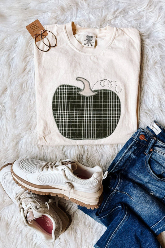 Green Plaid Appliqué Pumpkin Tee - Ivory