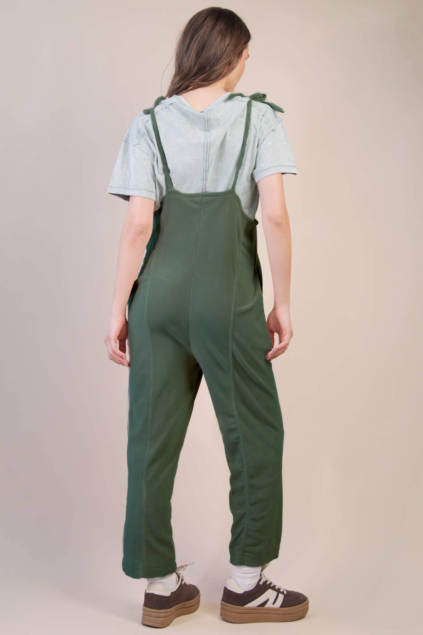 PLUS SIZE Fleece Baggy Backless Casual Jumpsuit: FOREST