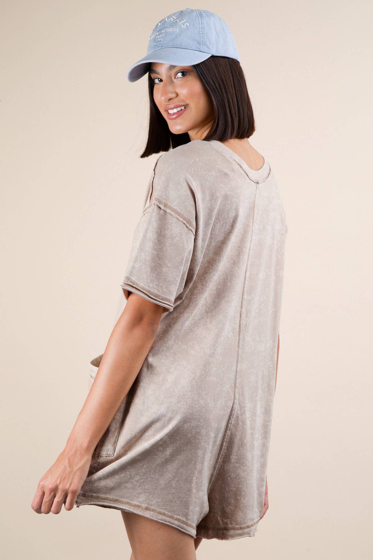 Mineral Washed Oversized Casual Knit Romper: TAUPE