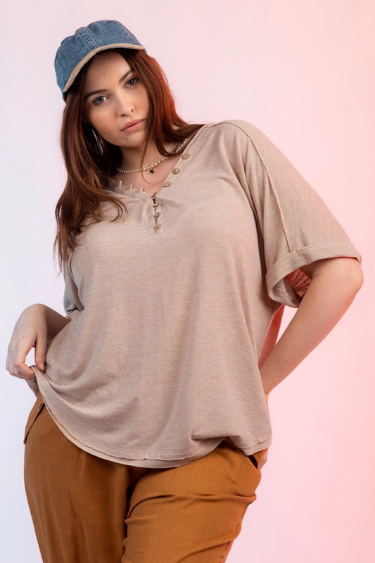 Curvy size Button Down Roll-Up Sleeve Top