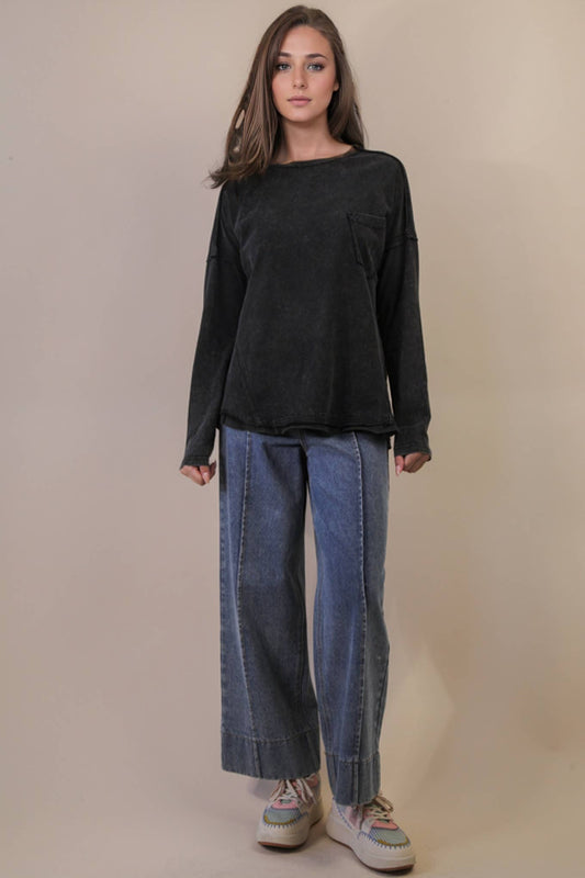Mineral Washed Casual Knit Top: BLACK