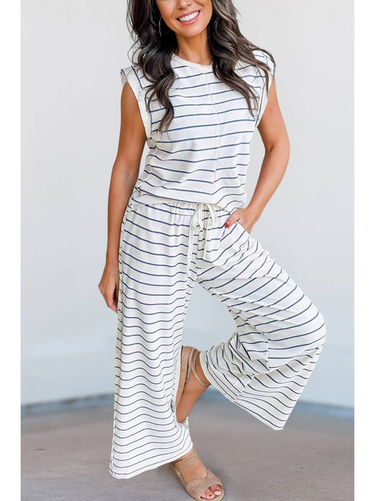 Casual Style Striped Short Sleeve Two-Piece Set