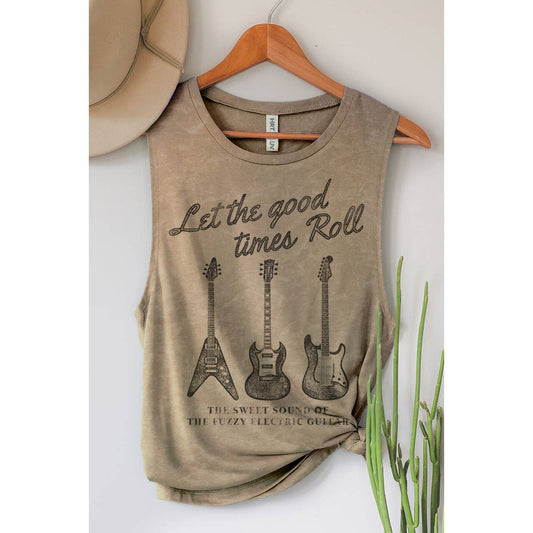 LET THE GOOD TIMES TO ROLL GUITAR MINERAL GRAPHIC TANK TOP Vintage Taupe