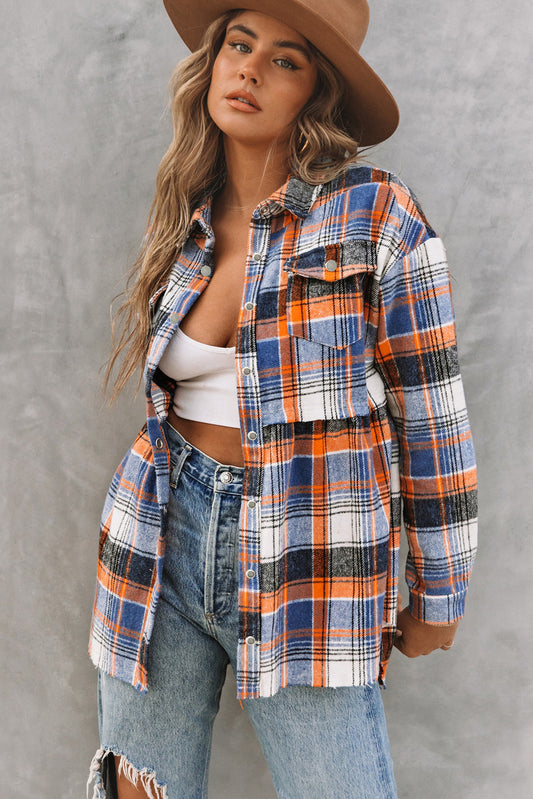 Snap Button Raw Hem Shirt Jacket