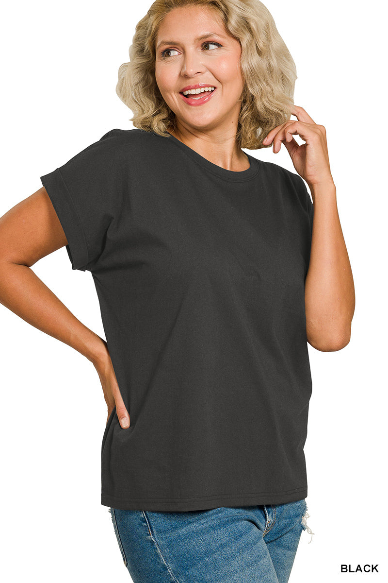 Plus Round Neck Folded Short Sleeve T-Shirt