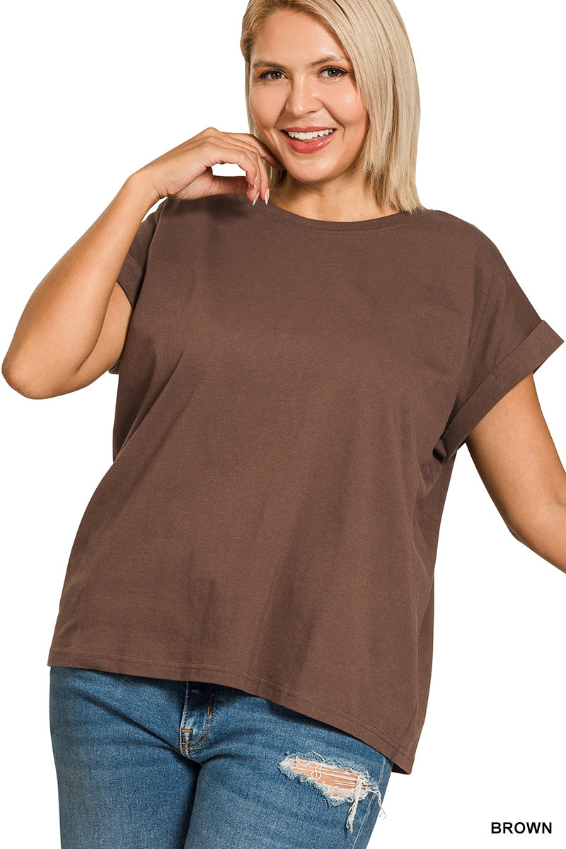 Plus Round Neck Folded Short Sleeve T-Shirt