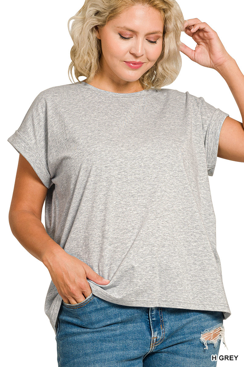 Plus Round Neck Folded Short Sleeve T-Shirt