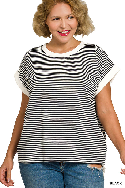 Plus Stripe Contrast Trim Top