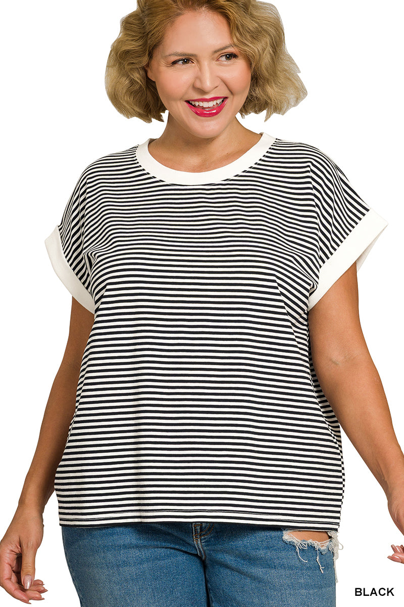 Plus Stripe Contrast Trim Top