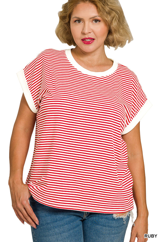 Plus Stripe Contrast Trim Top