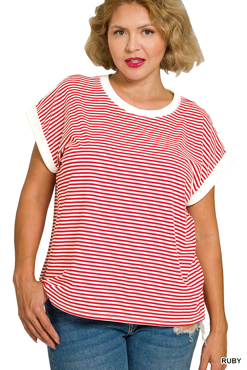 Plus Stripe Contrast Trim Top