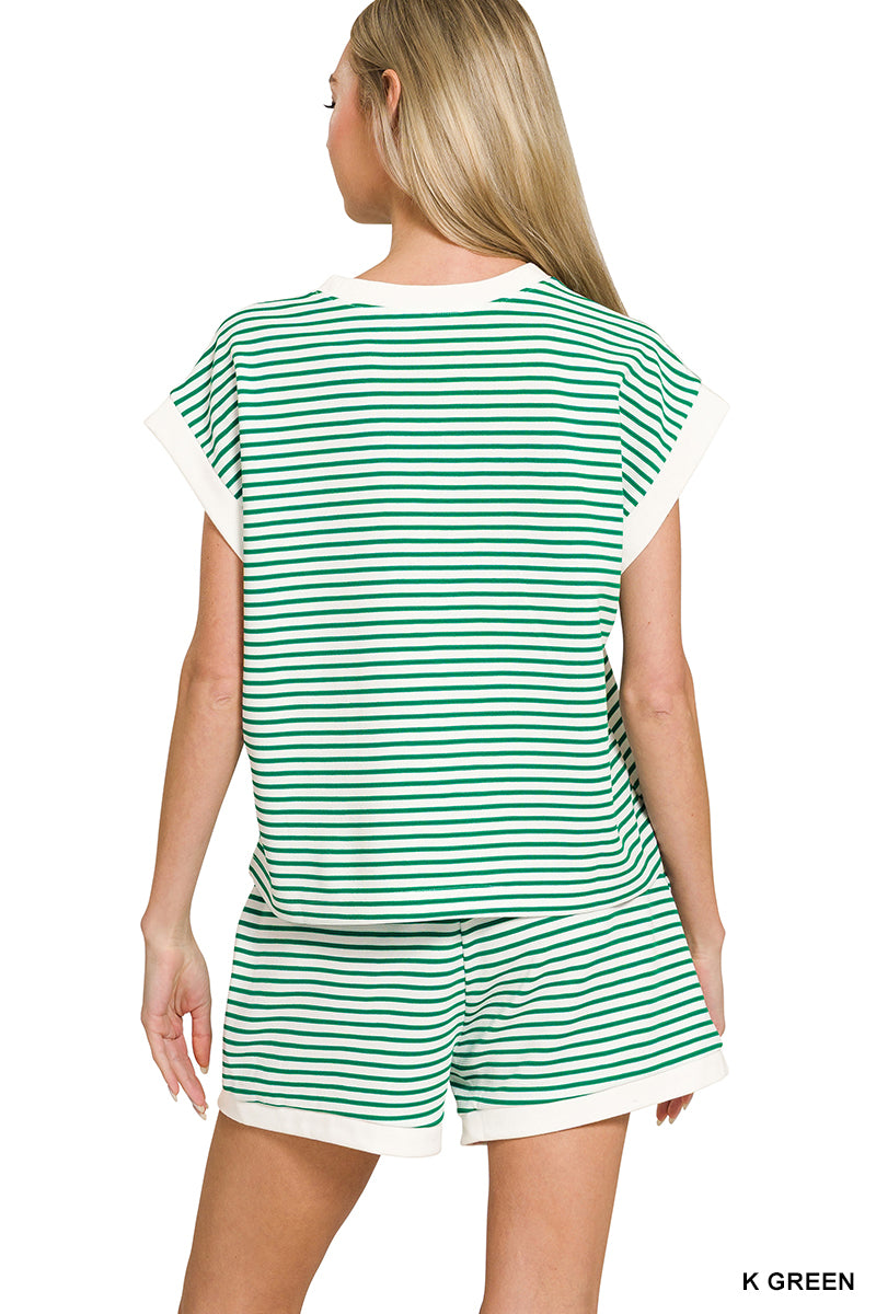 Stripe Contrast Trim Top & Shorts Set