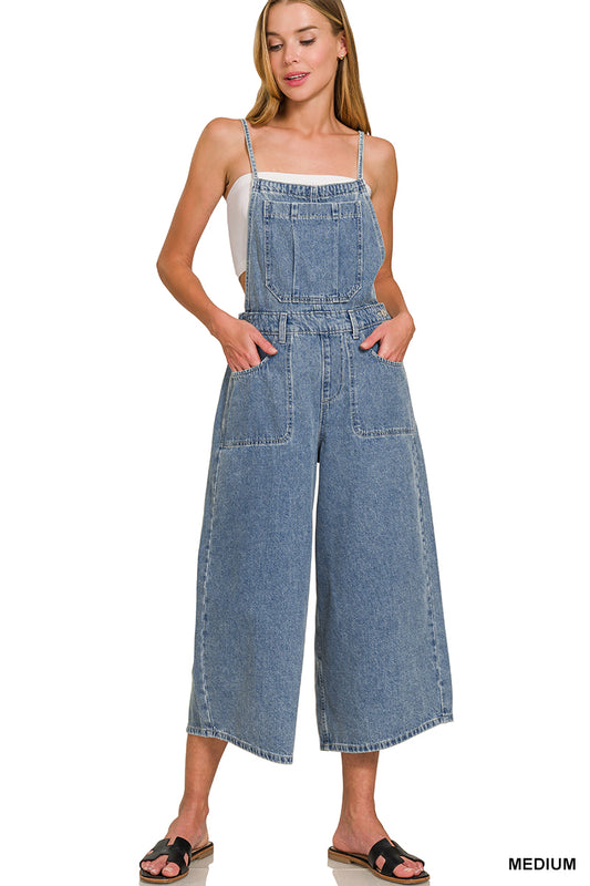 Denim medium washed wide leg overalls