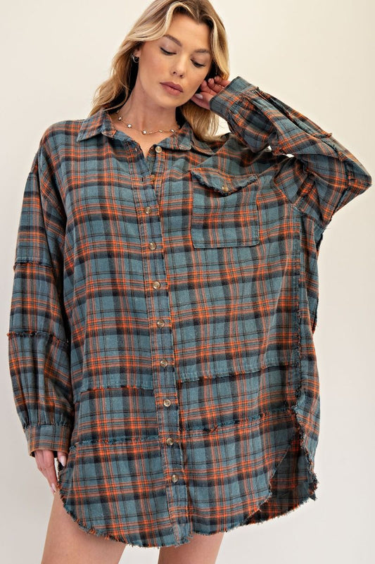 Plus Size Vintage Teal Mineral Washed Button Down Flannel Tunic
