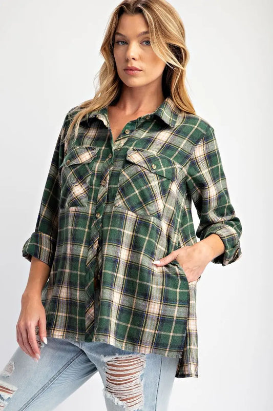 Acid Wash Button Down Plaid (Pine Green)