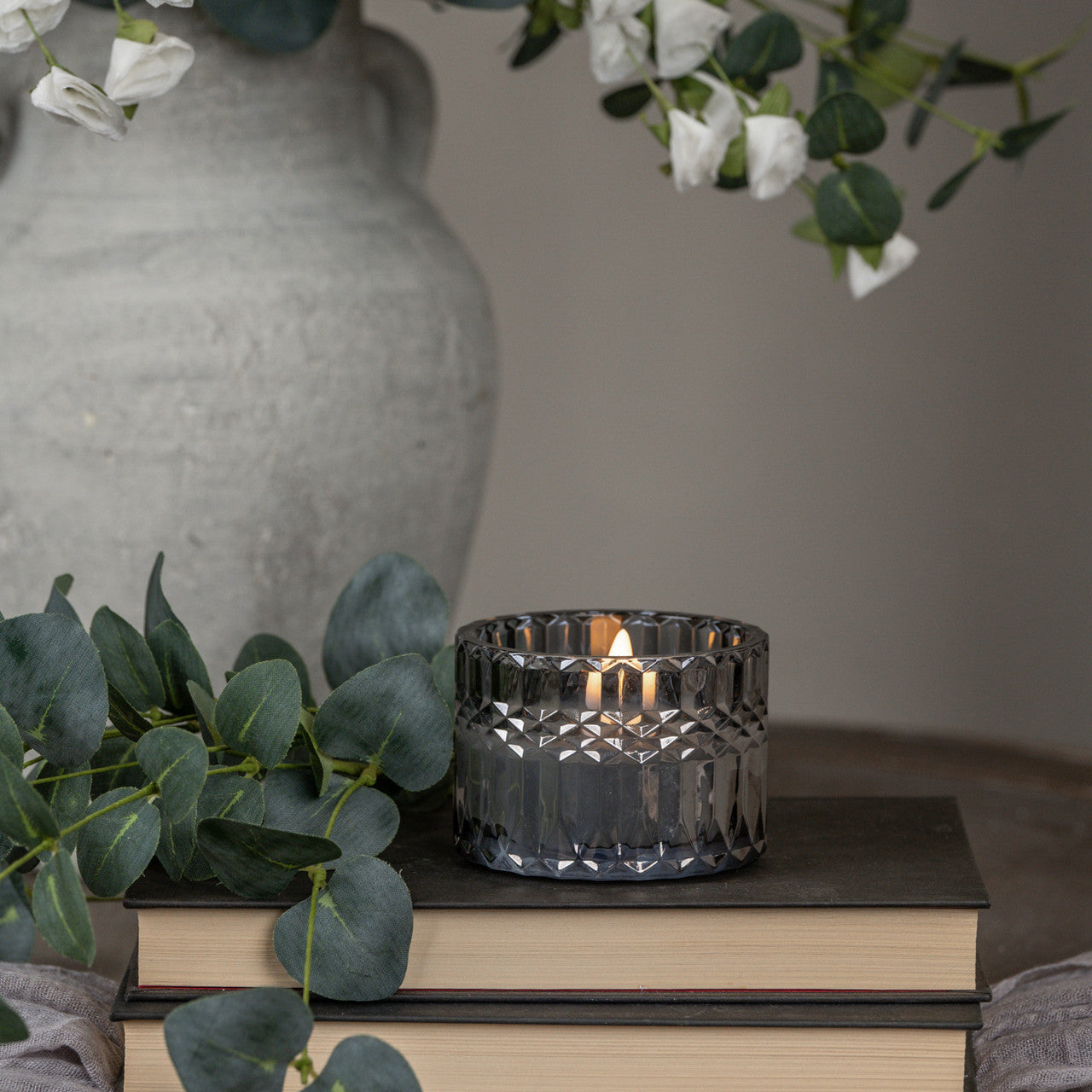 2.75" FACETED CHARCOAL GLASS 3D FLAME CANDLE
