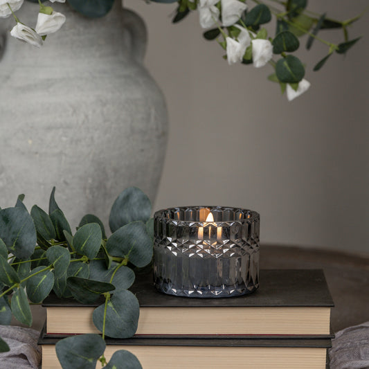 2.75" FACETED CHARCOAL GLASS 3D FLAME CANDLE