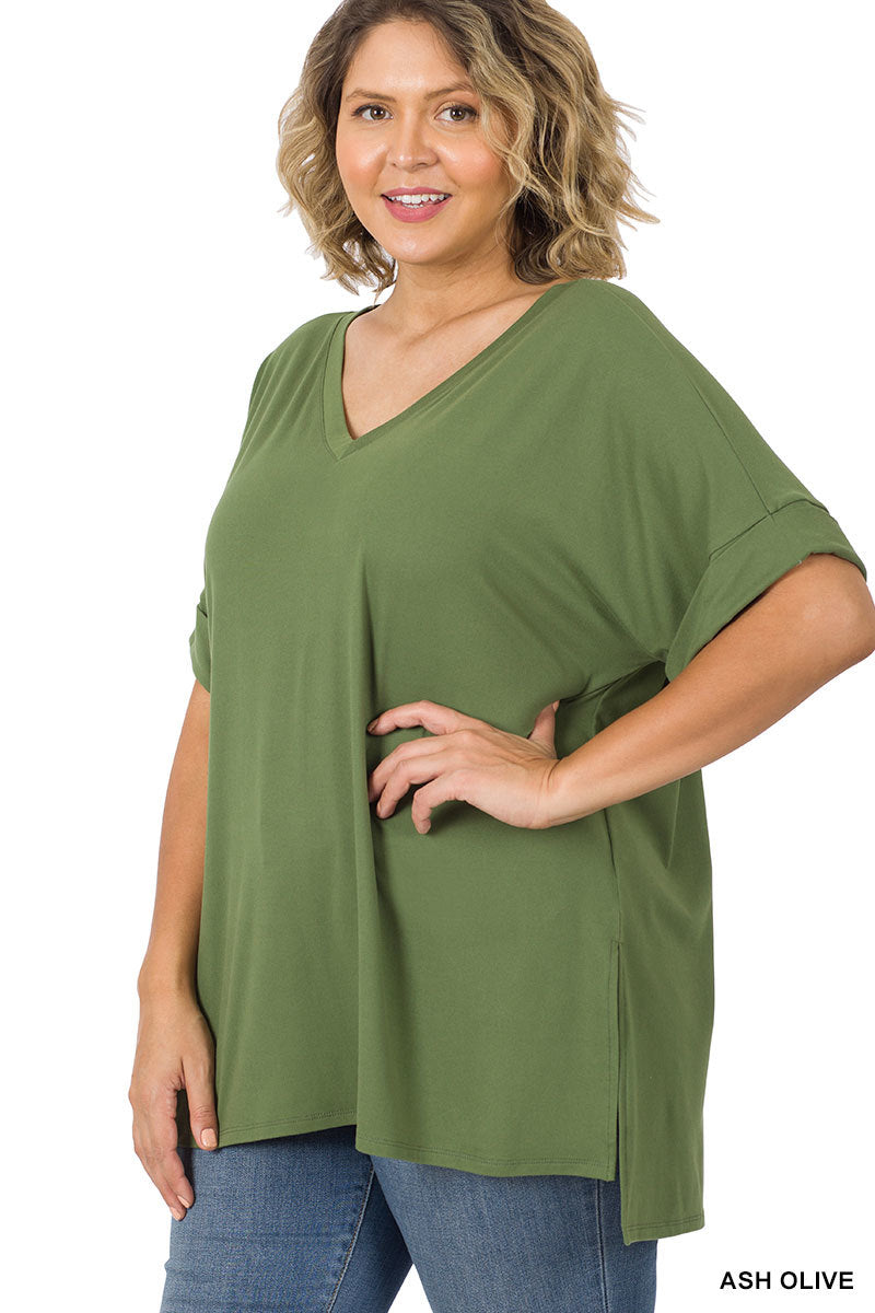 Curvy brushed dty rolled short sleeve v-neck top