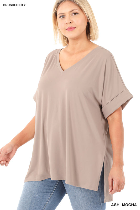 Curvy brushed dty rolled short sleeve v-neck top