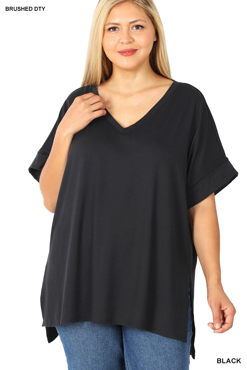 Curvy brushed dty rolled short sleeve v-neck top