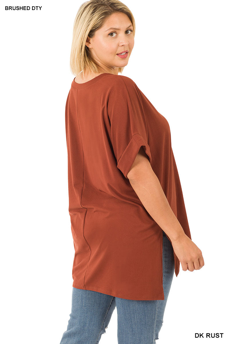 Curvy brushed dty rolled short sleeve v-neck top