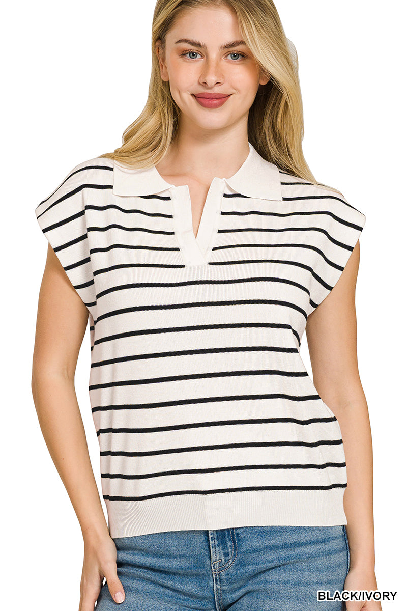 Viscose striped collared sweater vest