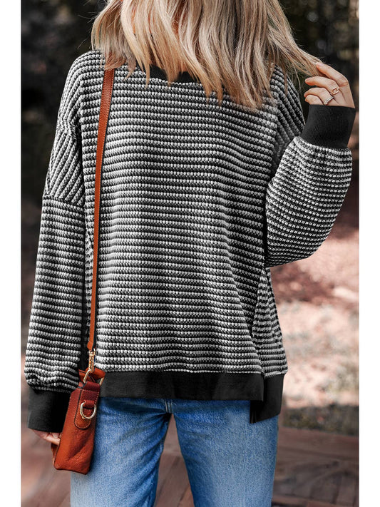 Stripe Ribbed Oversize Trim Long Sleeve Top