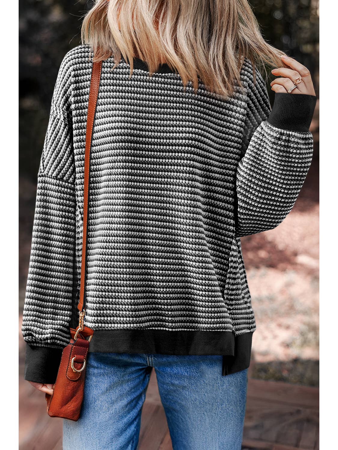 Stripe Ribbed Oversize Trim Long Sleeve Top