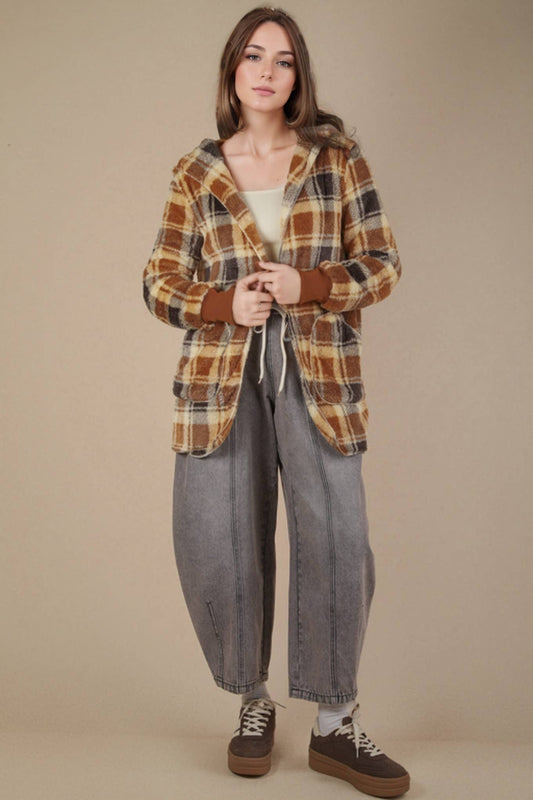 Oversized Faux Fur Tunic Hooded Printed Jacket: CAMEL MIX