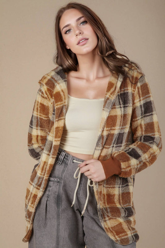 PLUS SIZE Faux Fur Tunic Hooded Printed Jacket: CAMEL MIX