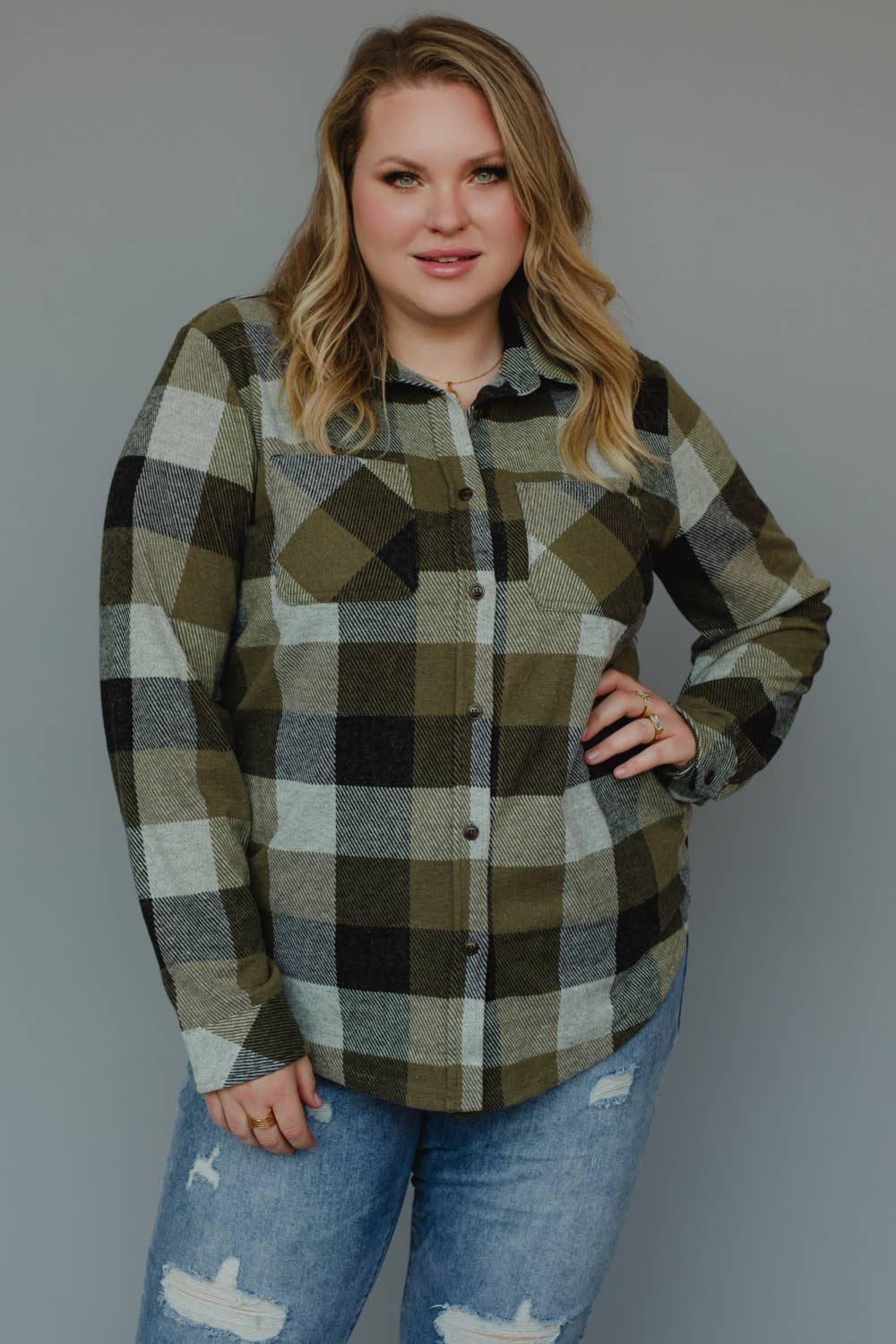 XXL Olive & Black Plaid Button Up