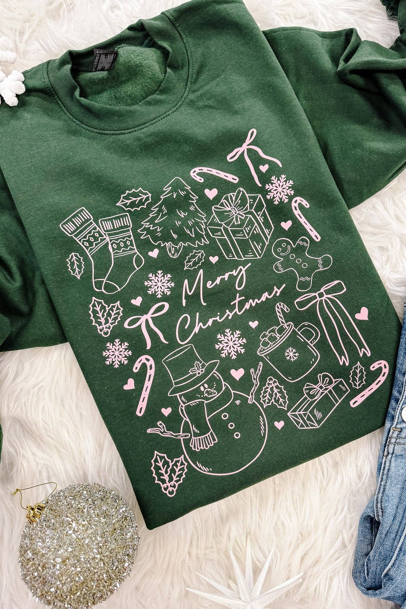 Merry Christmas Doodles Graphic Sweatshirts - Forest Green