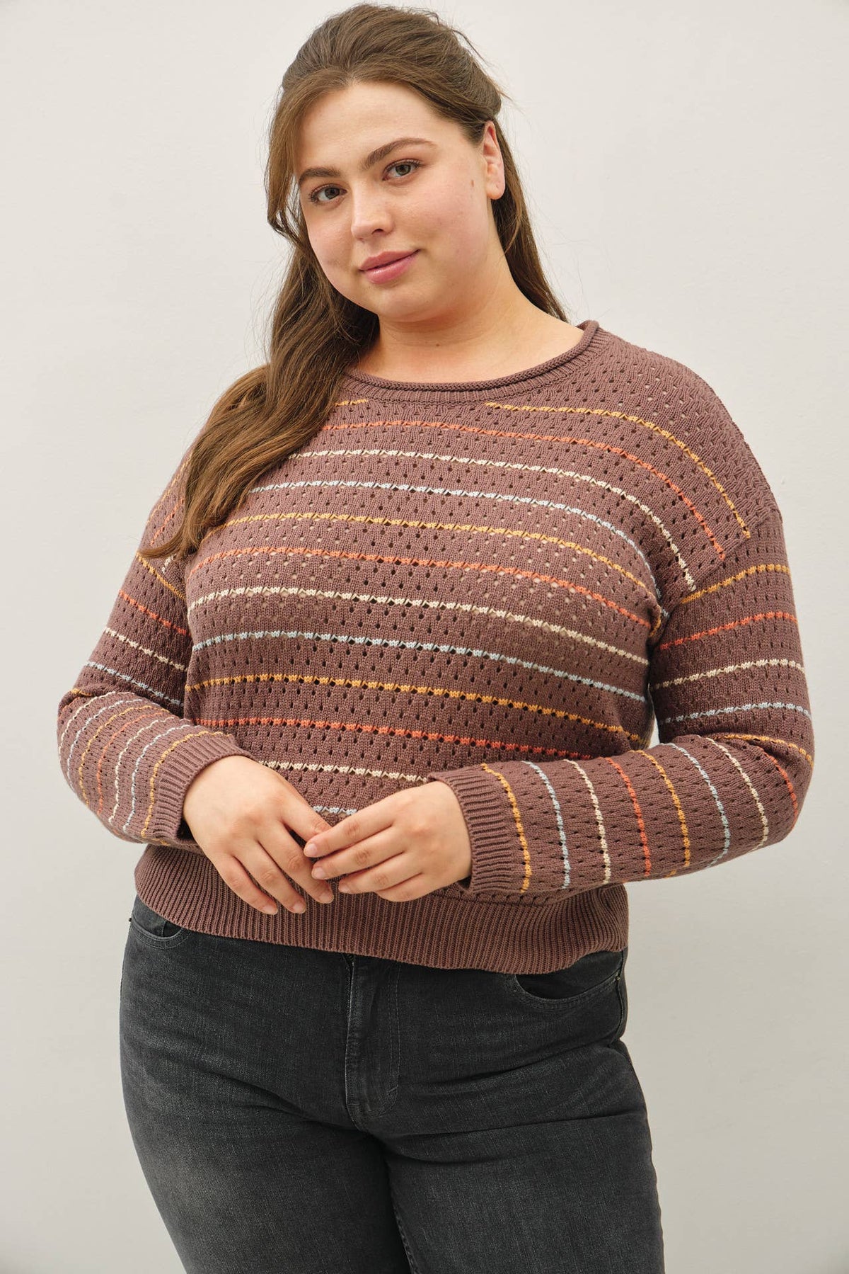 [Plus] Multicolored Stripes Crochet Sweater