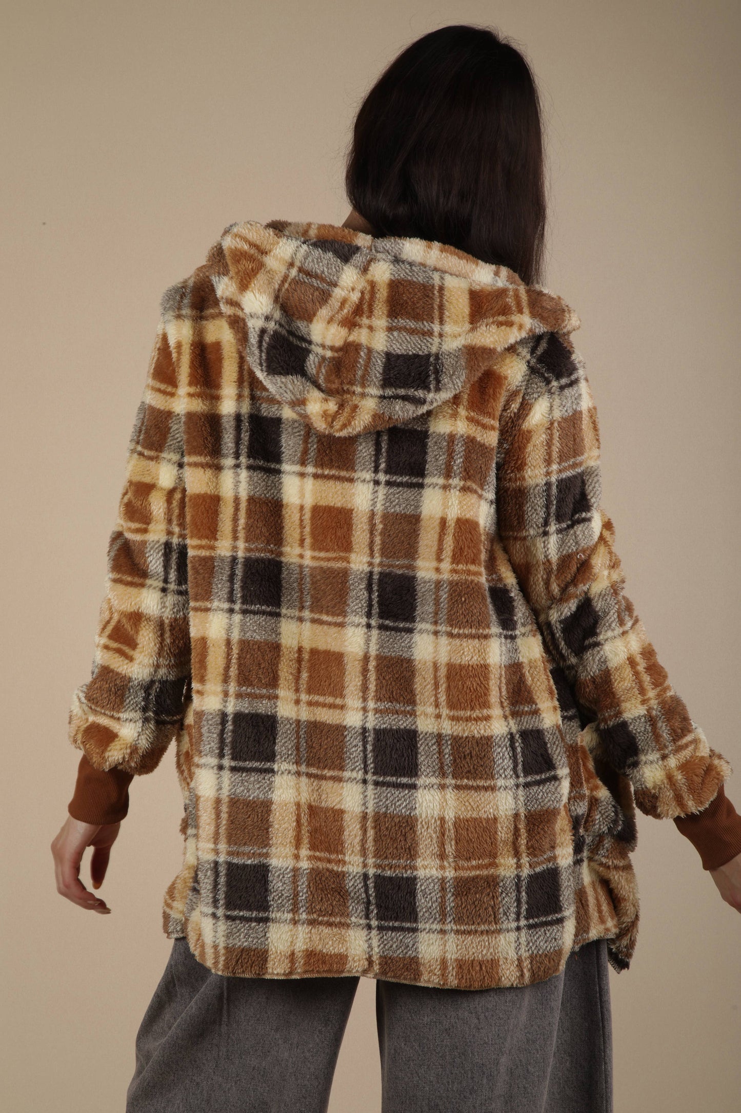 Oversized Faux Fur Tunic Hooded Printed Jacket: CAMEL MIX