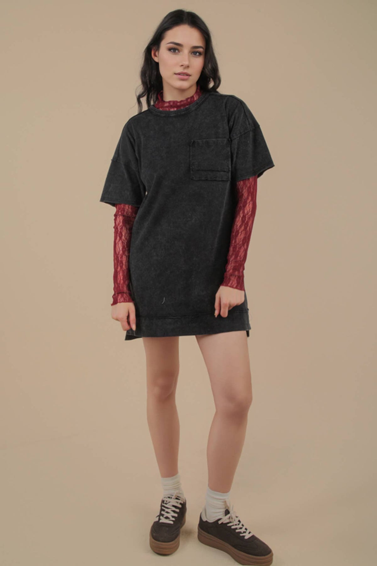 Mineral Washed Knit Oversized Shift Mini Dress: BLACK
