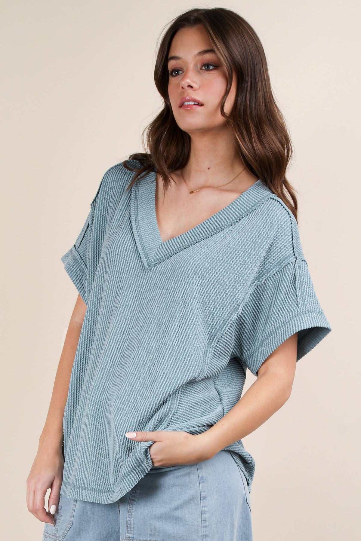 PLUS SIZE Soft Two Tone Casual Comfy Ribbed Knit  CHARCOAL